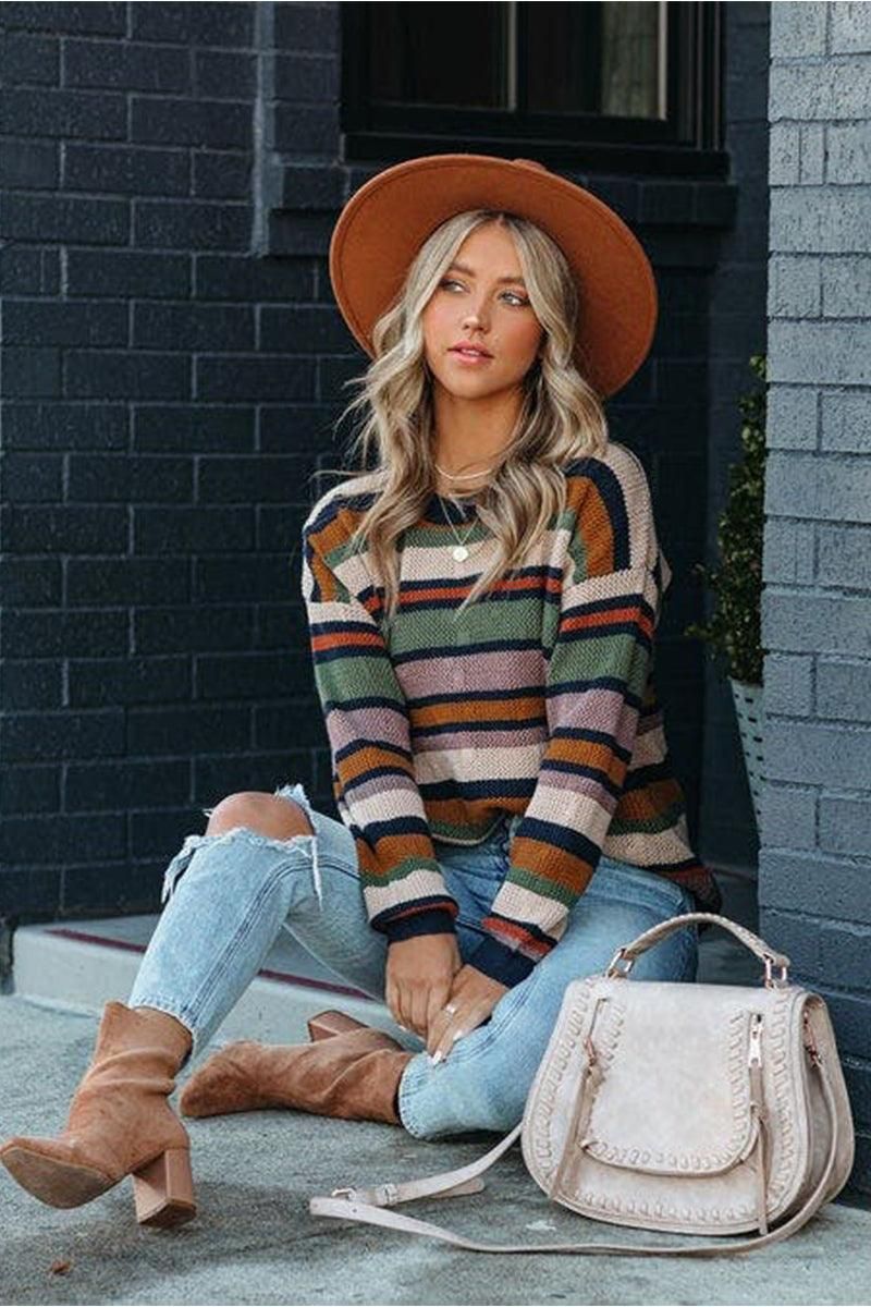 COLORED STRIPE KNIT SWEATER TOP - Doublju