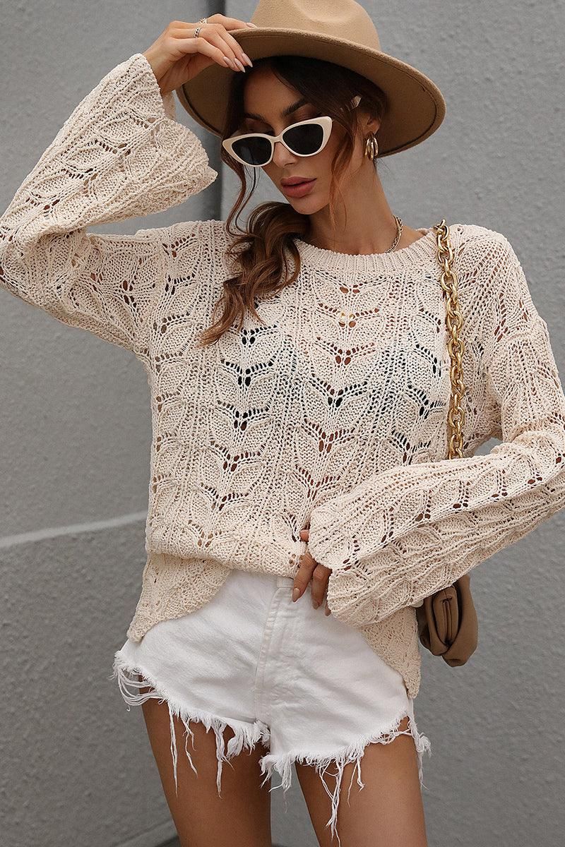 PATTERNED CABLE KNIT LOOSE SLEEVE SWEATER TOP - Doublju