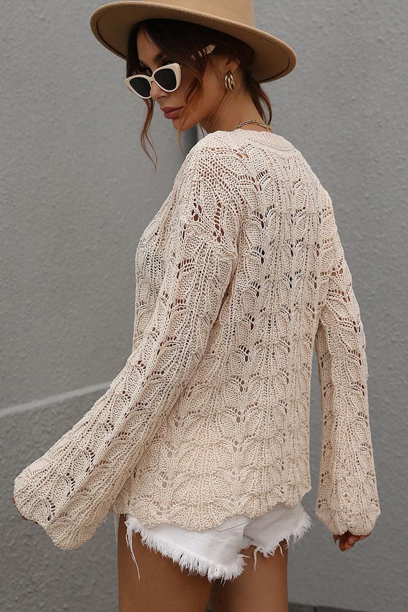 PATTERNED CABLE KNIT LOOSE SLEEVE SWEATER TOP - Doublju