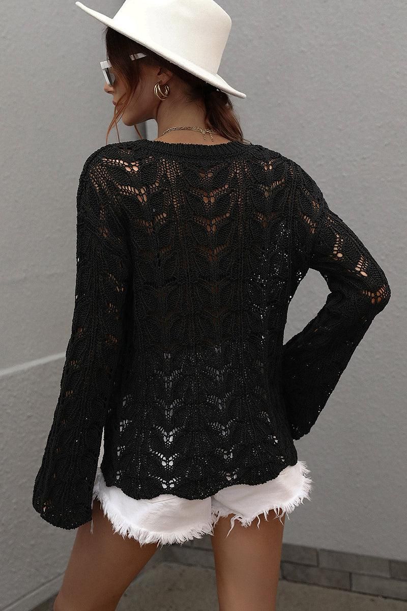 PATTERNED CABLE KNIT LOOSE SLEEVE SWEATER TOP - Doublju