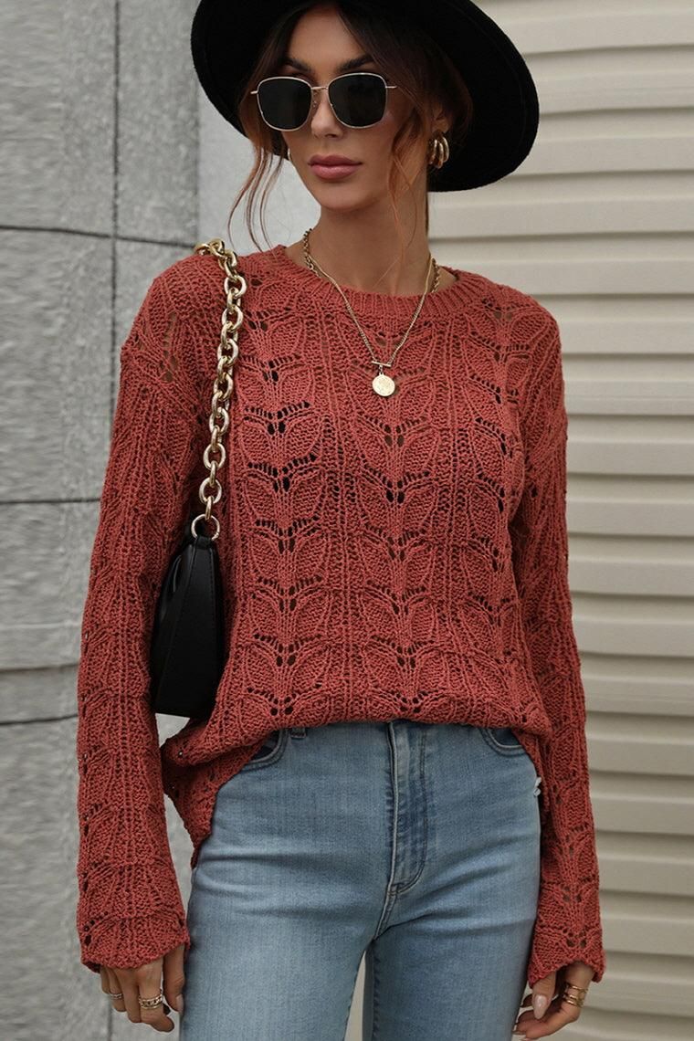 PATTERNED CABLE KNIT LOOSE SLEEVE SWEATER TOP - Doublju