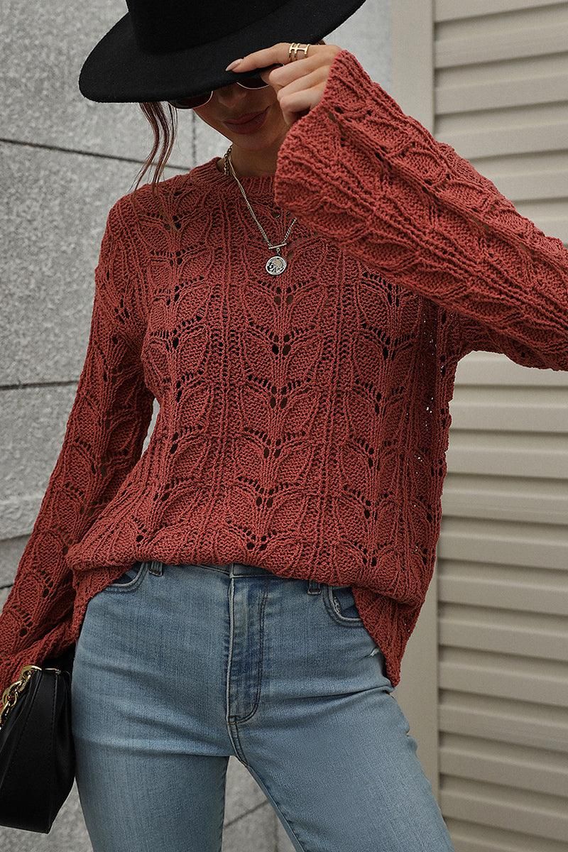 PATTERNED CABLE KNIT LOOSE SLEEVE SWEATER TOP - Doublju
