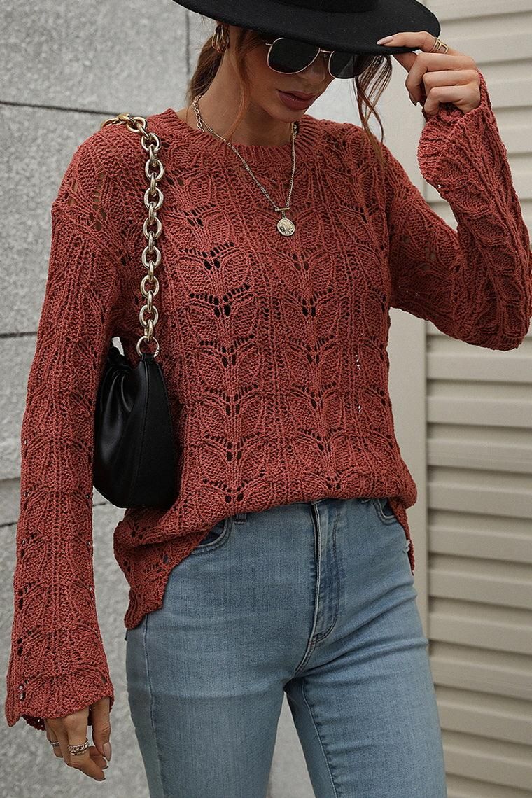 PATTERNED CABLE KNIT LOOSE SLEEVE SWEATER TOP - Doublju