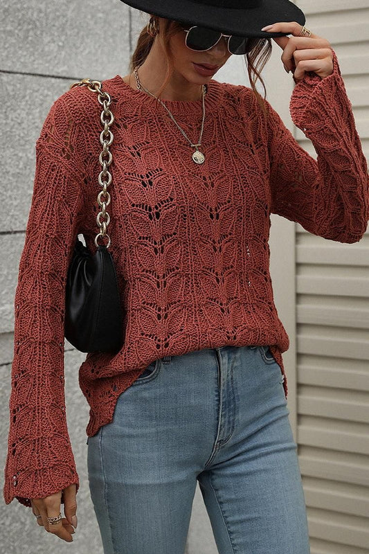 PATTERNED CABLE KNIT LOOSE SLEEVE SWEATER TOP - Doublju