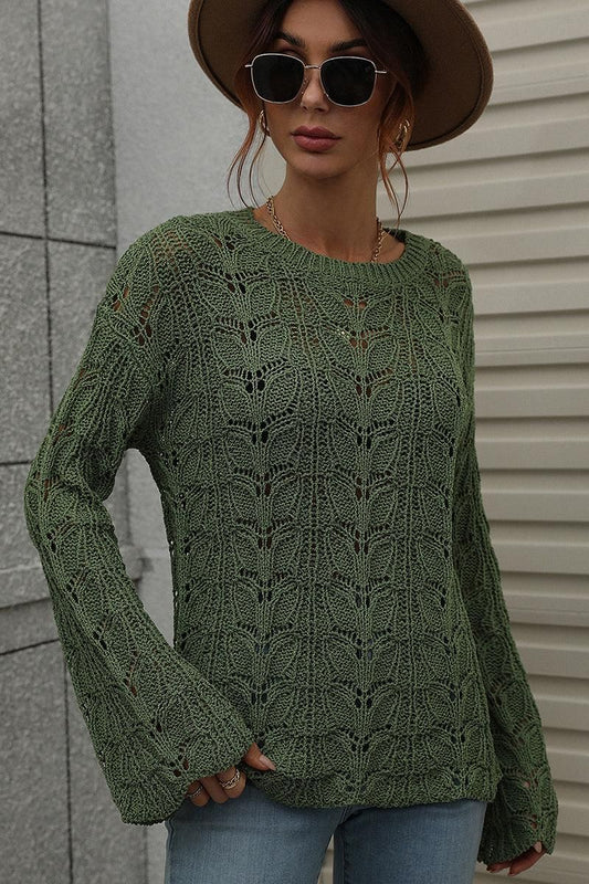 PATTERNED CABLE KNIT LOOSE SLEEVE SWEATER TOP - Doublju