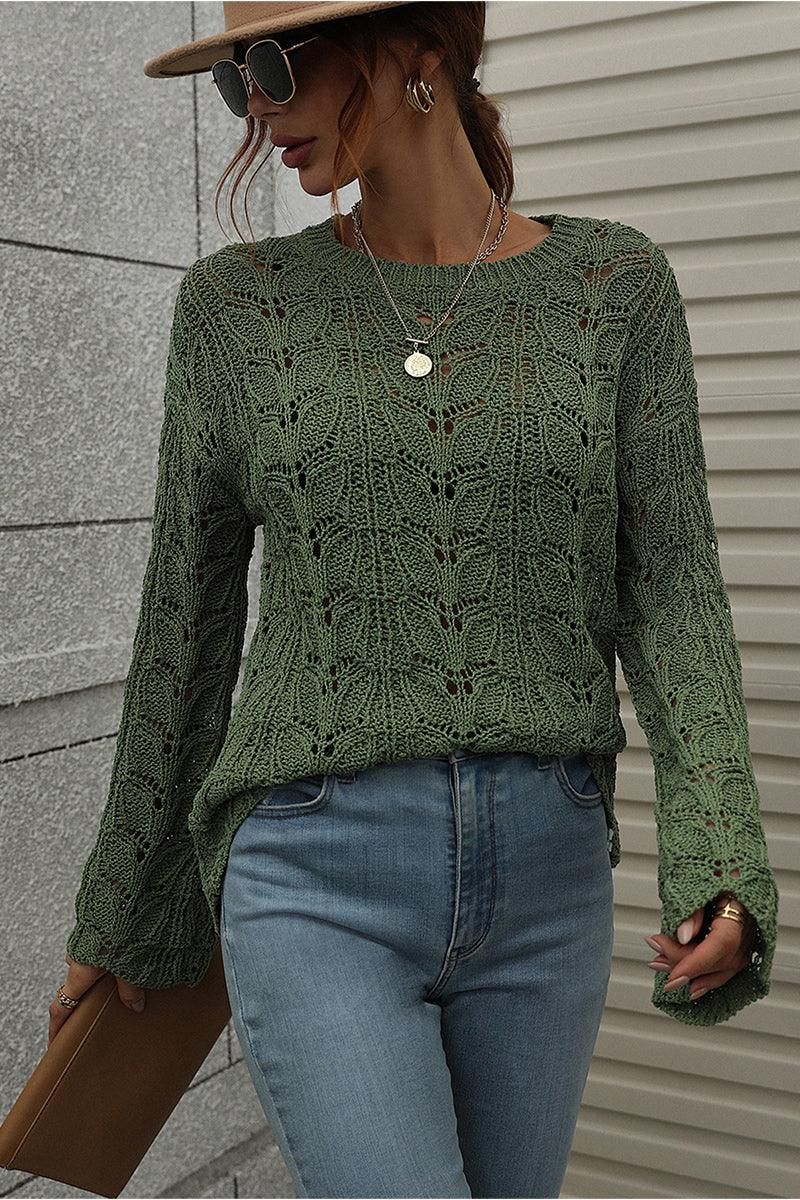 PATTERNED CABLE KNIT LOOSE SLEEVE SWEATER TOP - Doublju