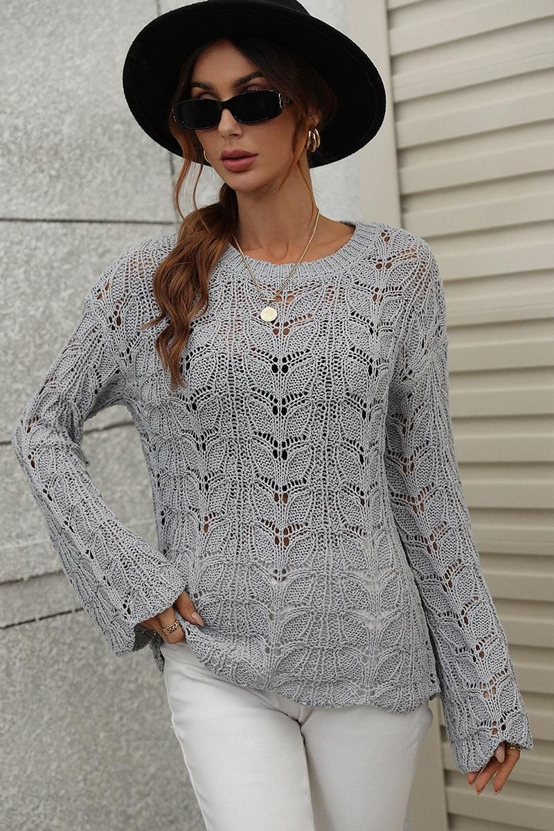 PATTERNED CABLE KNIT LOOSE SLEEVE SWEATER TOP - Doublju