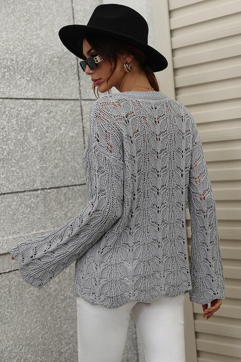 PATTERNED CABLE KNIT LOOSE SLEEVE SWEATER TOP - Doublju