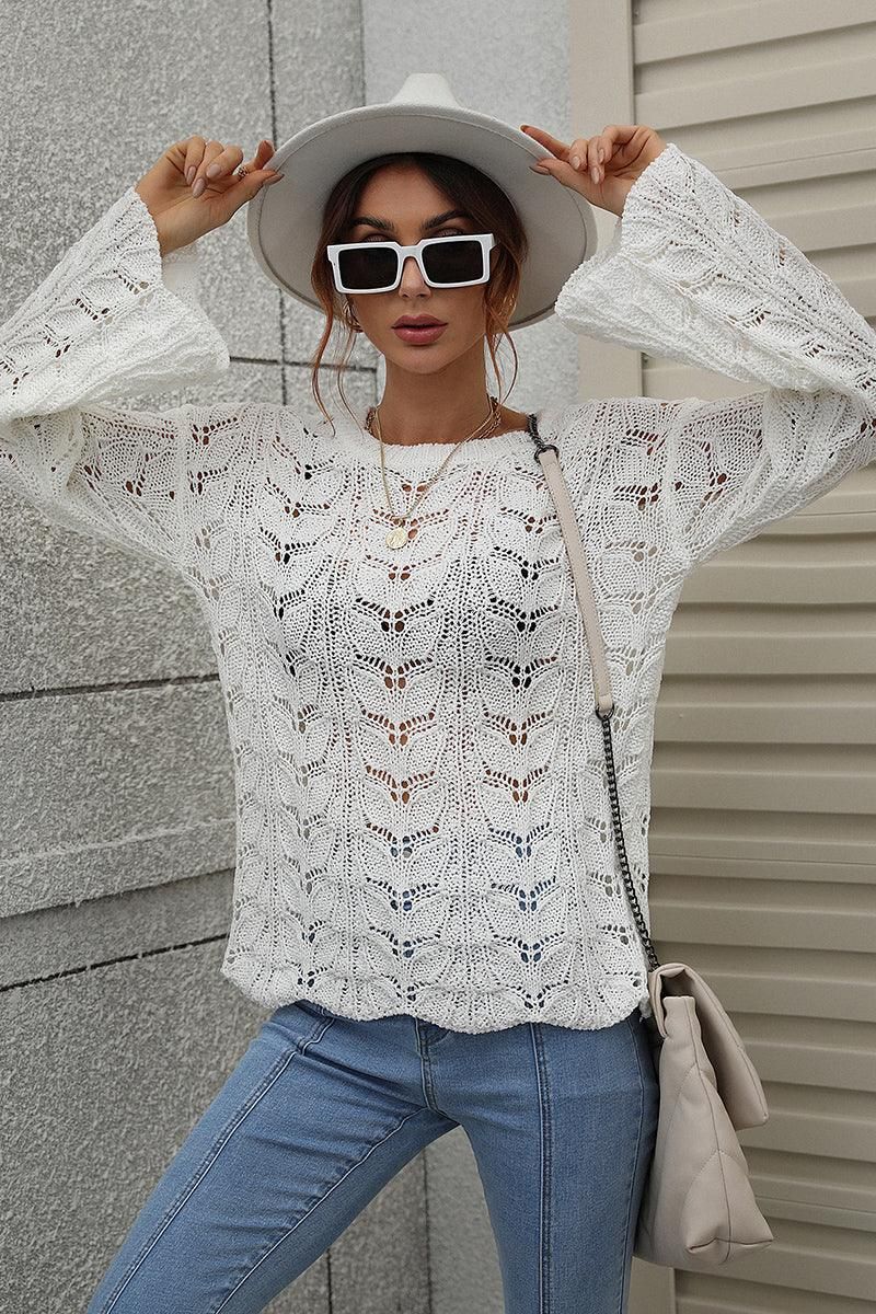 PATTERNED CABLE KNIT LOOSE SLEEVE SWEATER TOP - Doublju