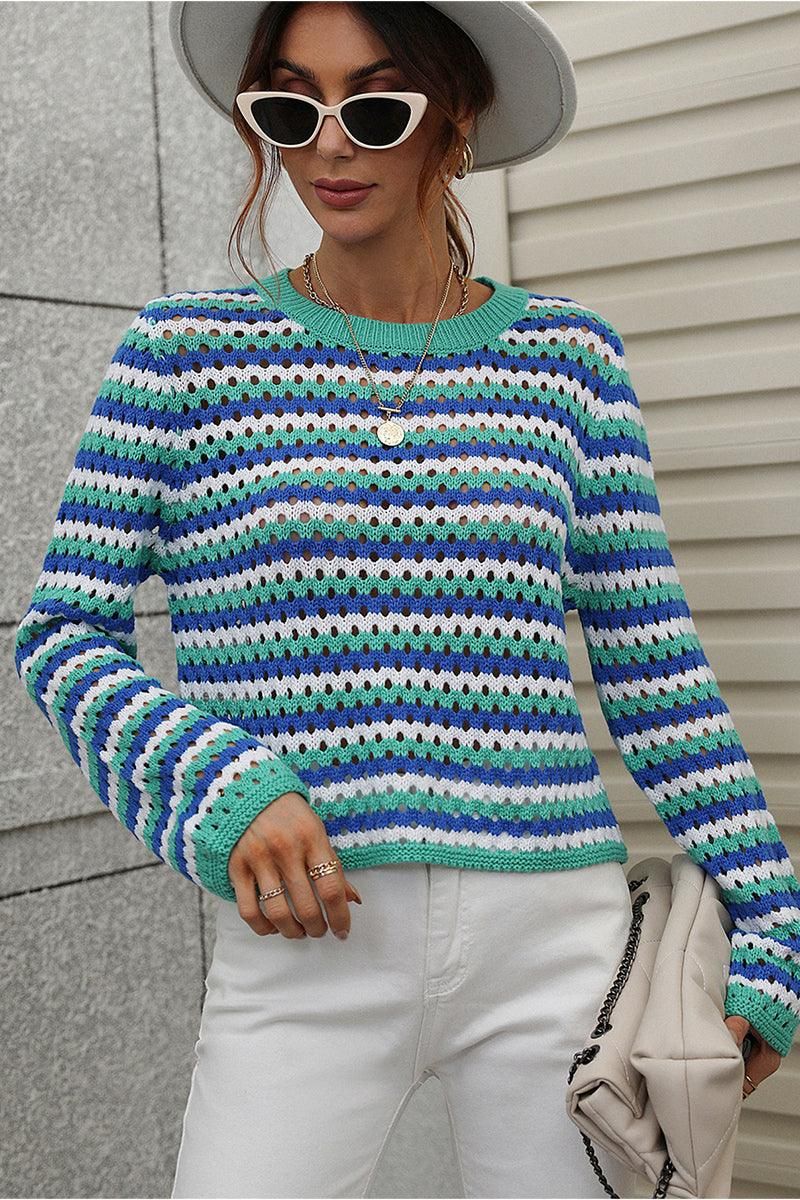 COLORED STRIPE KNIT SWEATER TOP - Doublju