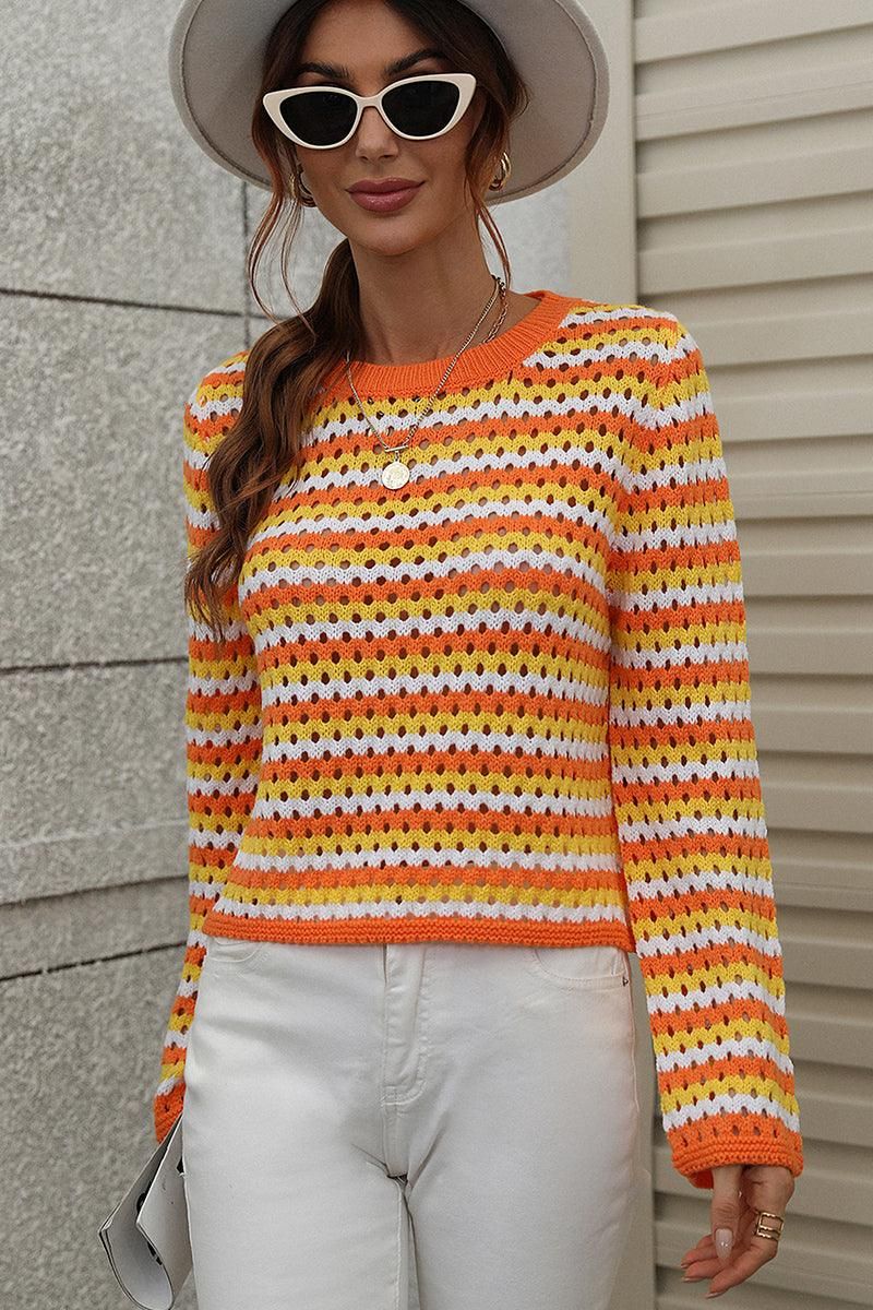 COLORED STRIPE KNIT SWEATER TOP - Doublju