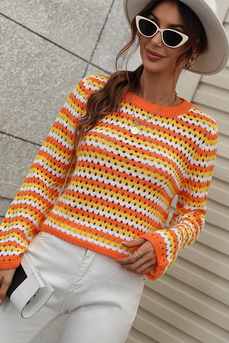 COLORED STRIPE KNIT SWEATER TOP - Doublju