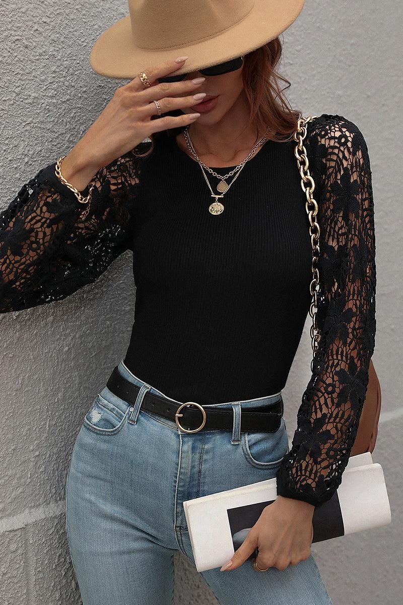 FLORAL PATTERN LACE SLEEVE CREW NECK SWEATER TOP - Doublju