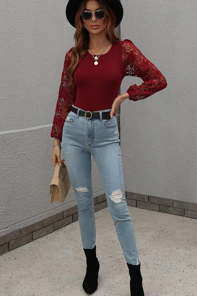 FLORAL PATTERN LACE SLEEVE CREW NECK SWEATER TOP - Doublju