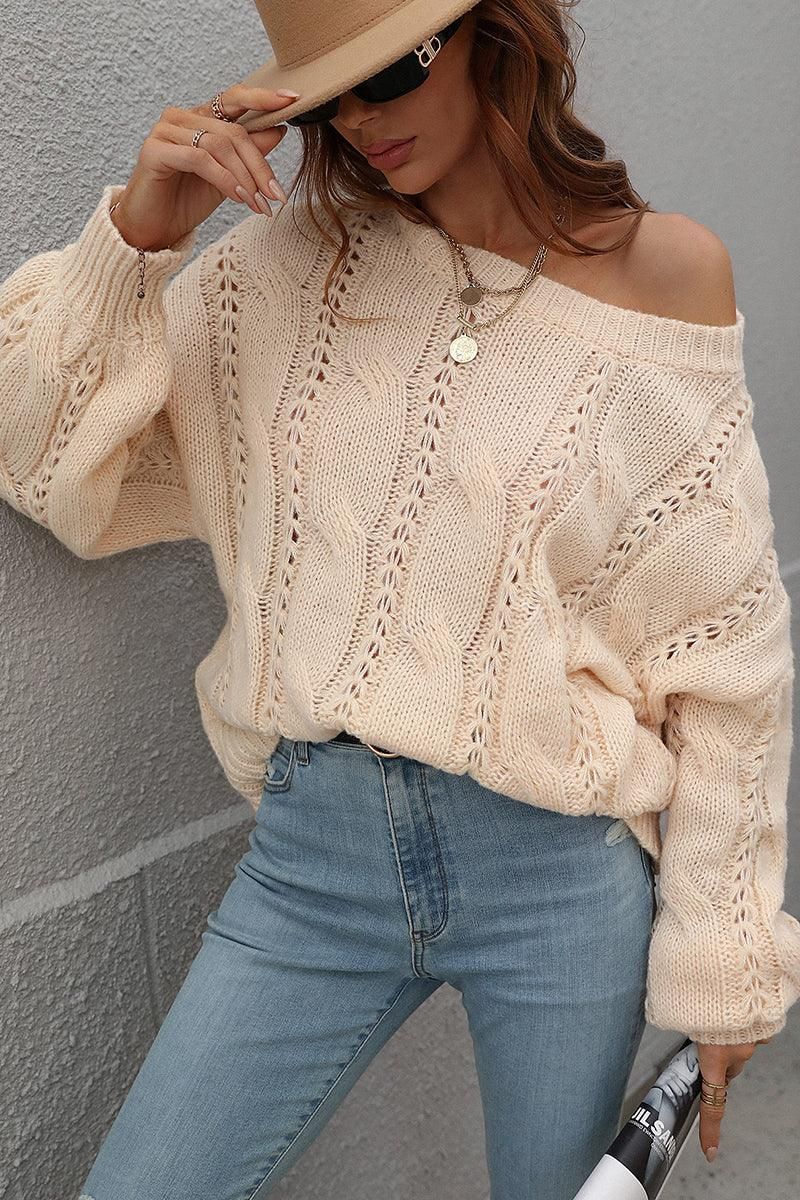 LOOSE FIT CABLE KNIT DAILY SWEATER - Doublju