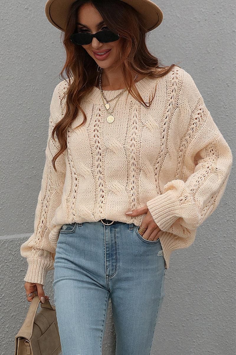 LOOSE FIT CABLE KNIT DAILY SWEATER - Doublju