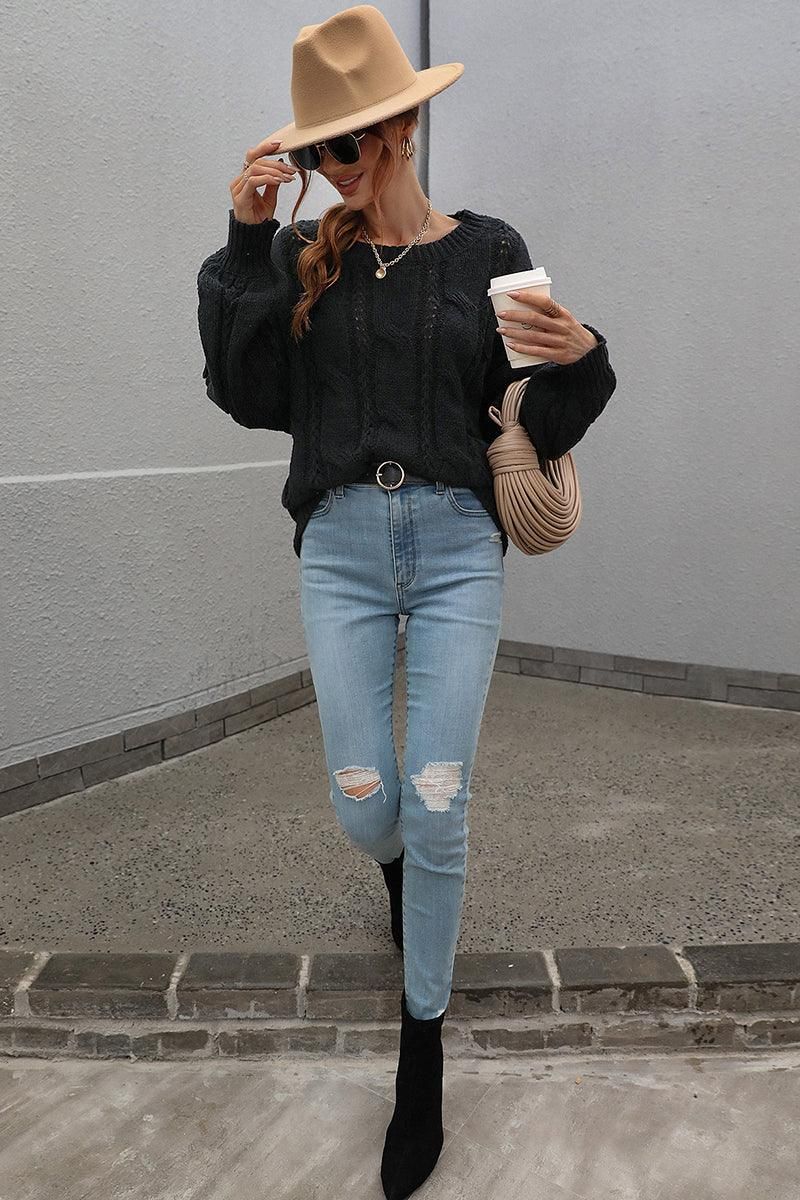 LOOSE FIT CABLE KNIT DAILY SWEATER - Doublju