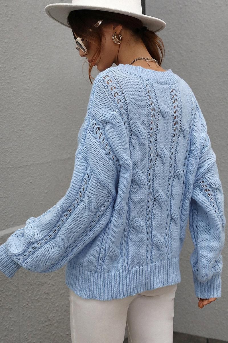 LOOSE FIT CABLE KNIT DAILY SWEATER - Doublju