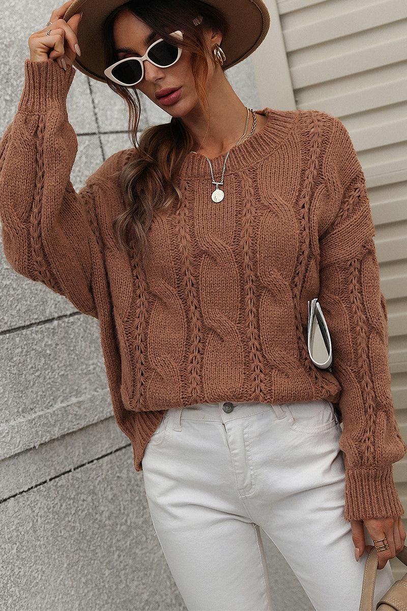 LOOSE FIT CABLE KNIT DAILY SWEATER - Doublju