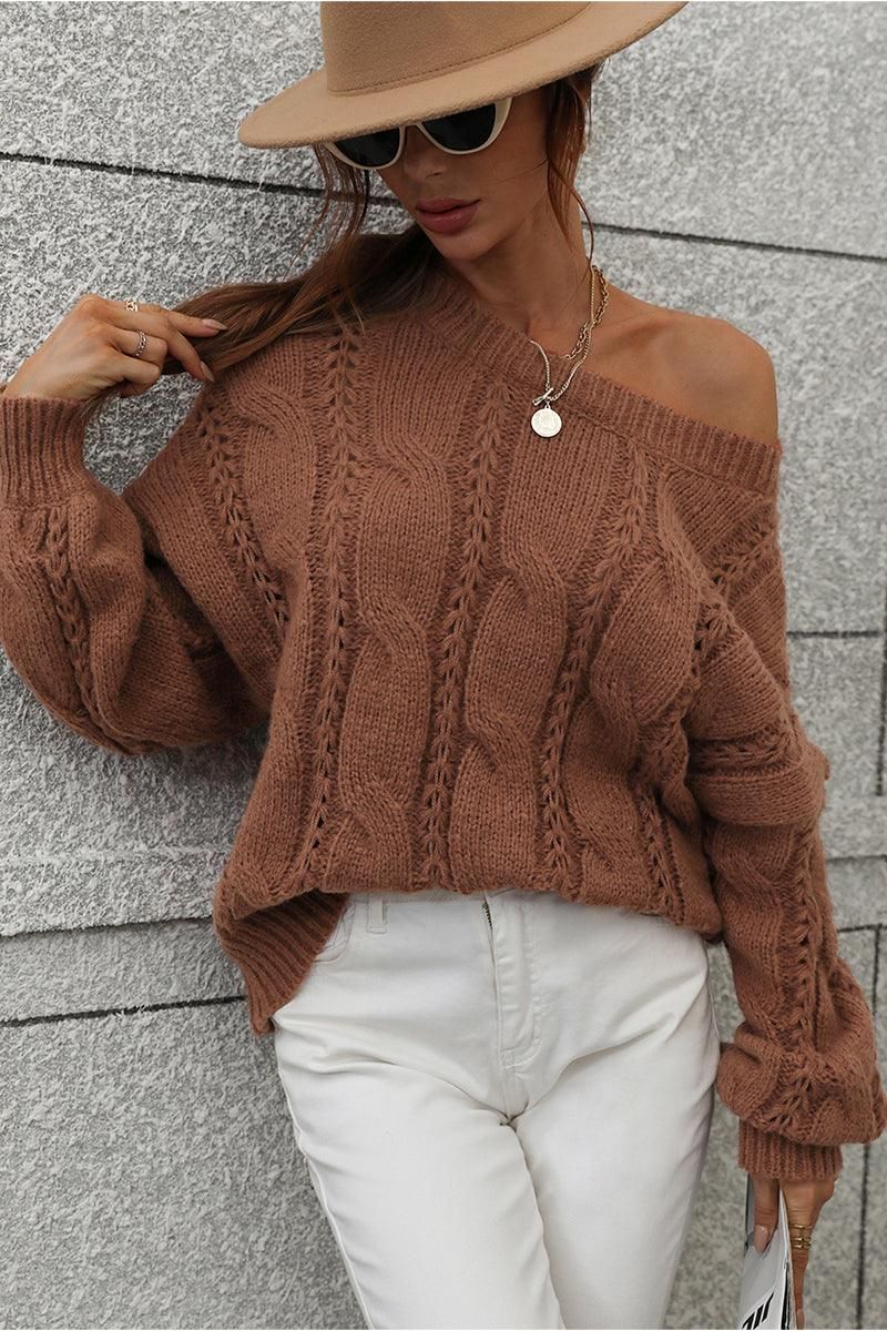 LOOSE FIT CABLE KNIT DAILY SWEATER - Doublju