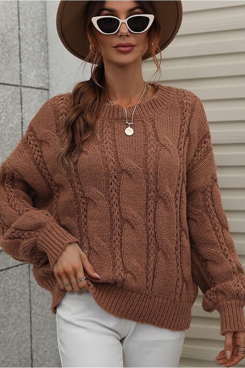 LOOSE FIT CABLE KNIT DAILY SWEATER - Doublju