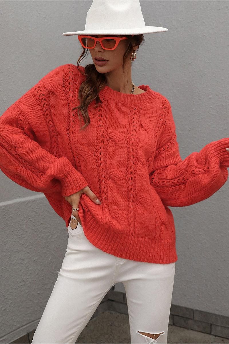 LOOSE FIT CABLE KNIT DAILY SWEATER - Doublju
