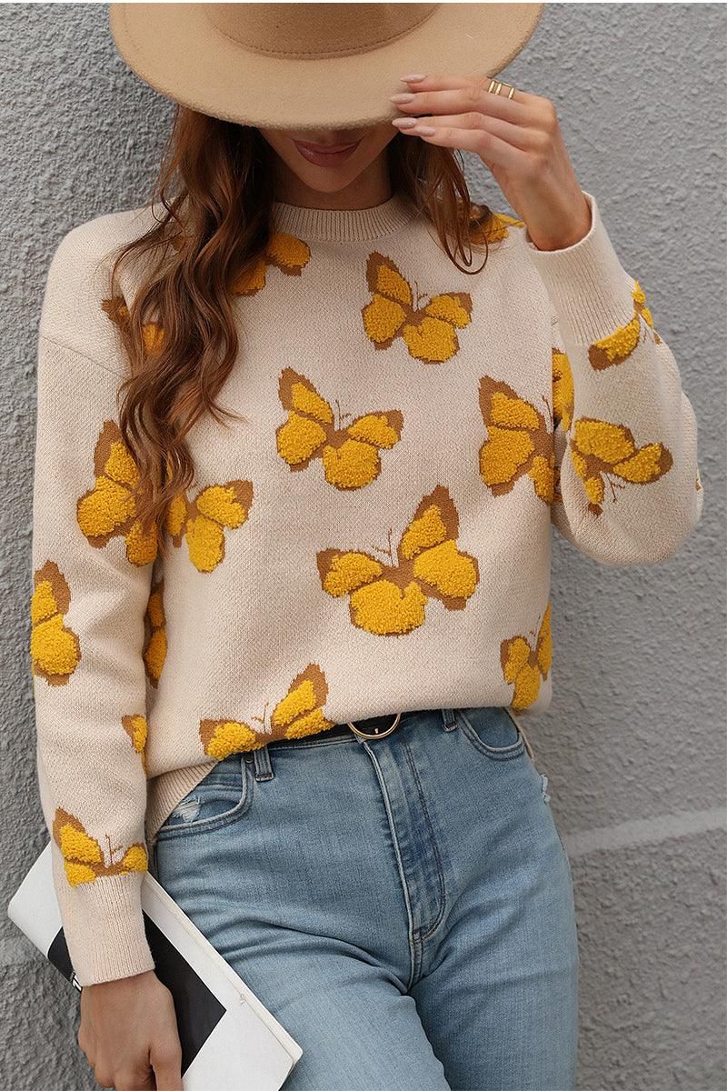 BUTTERFLY PRINTING LONG SLEEVE CASUAL SWEATER - Doublju