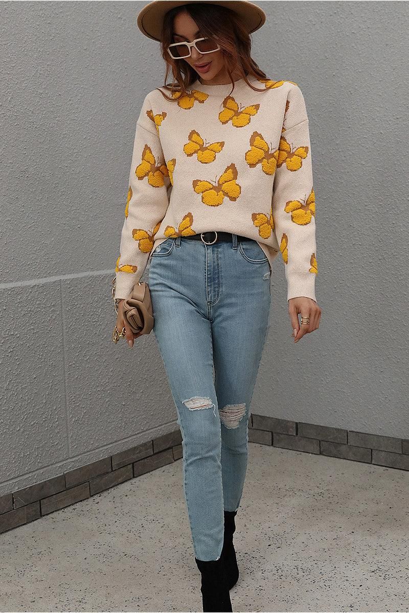 BUTTERFLY PRINTING LONG SLEEVE CASUAL SWEATER - Doublju