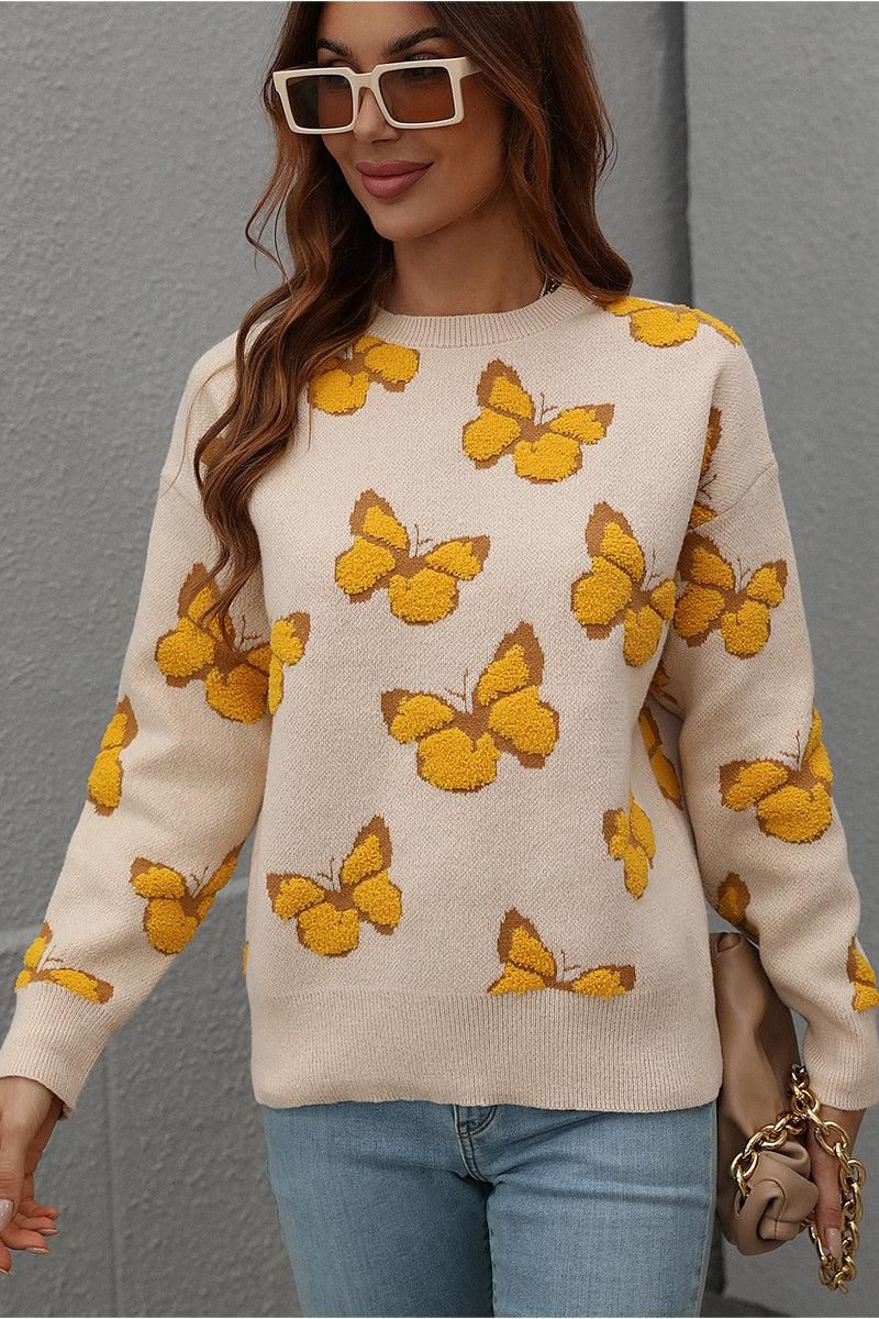 BUTTERFLY PRINTING LONG SLEEVE CASUAL SWEATER - Doublju