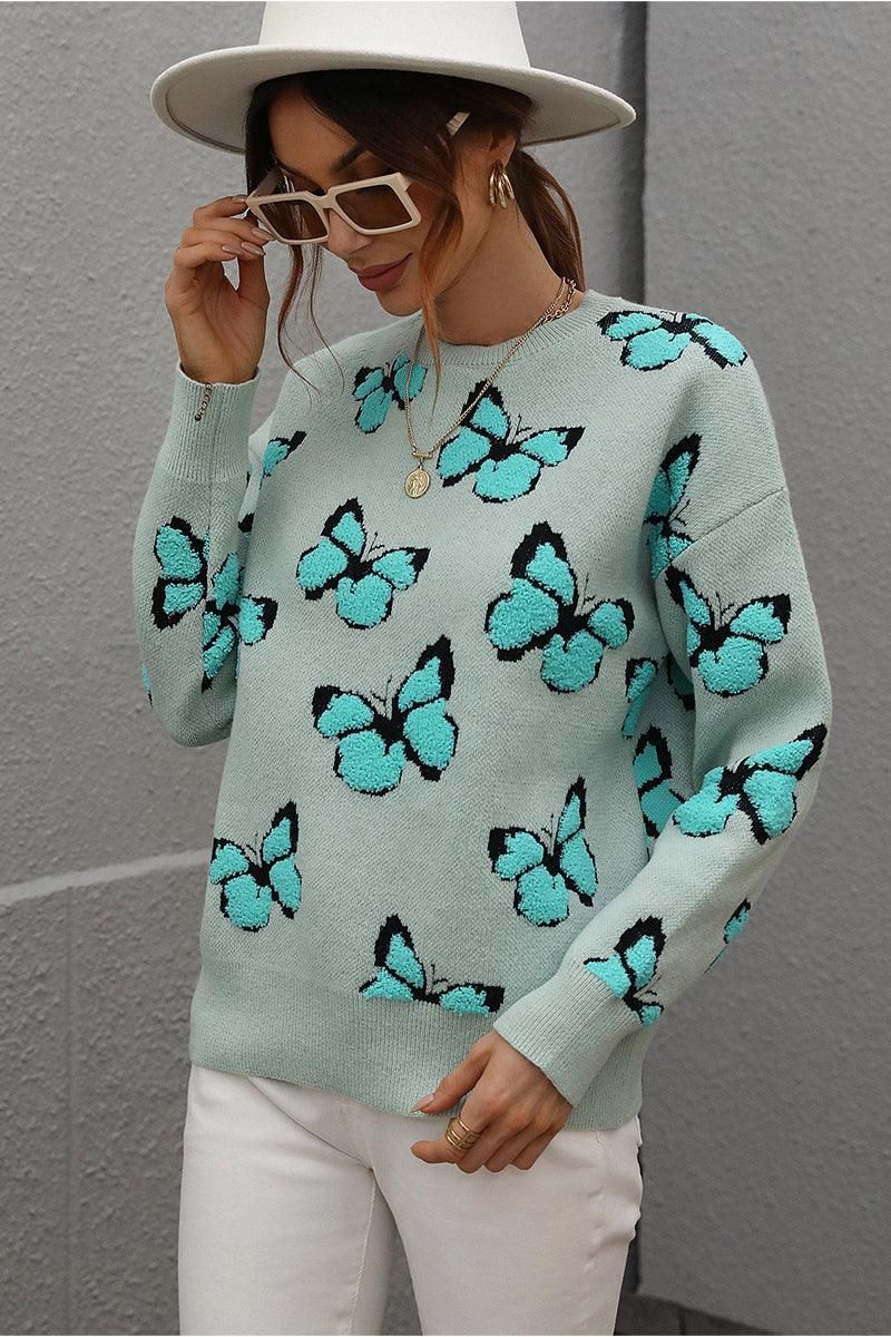 BUTTERFLY PRINTING LONG SLEEVE CASUAL SWEATER - Doublju