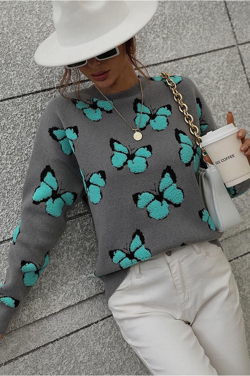 BUTTERFLY PRINTING LONG SLEEVE CASUAL SWEATER - Doublju