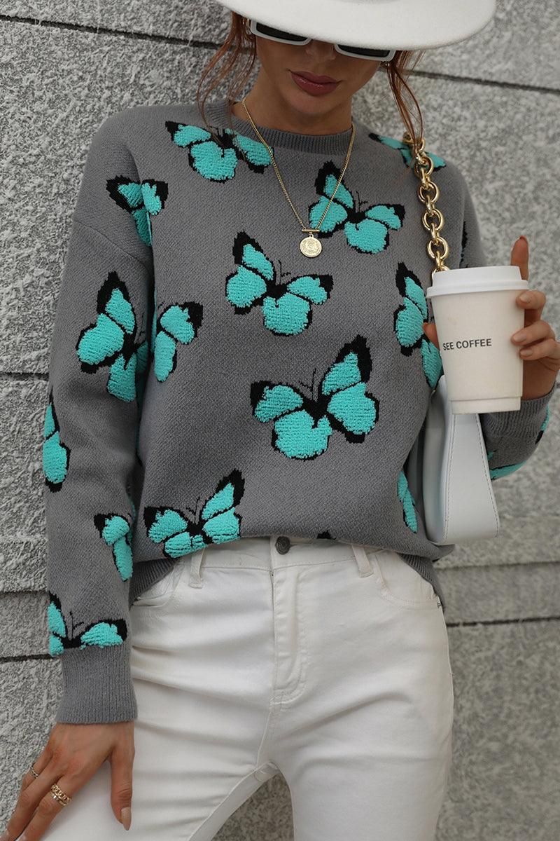BUTTERFLY PRINTING LONG SLEEVE CASUAL SWEATER - Doublju
