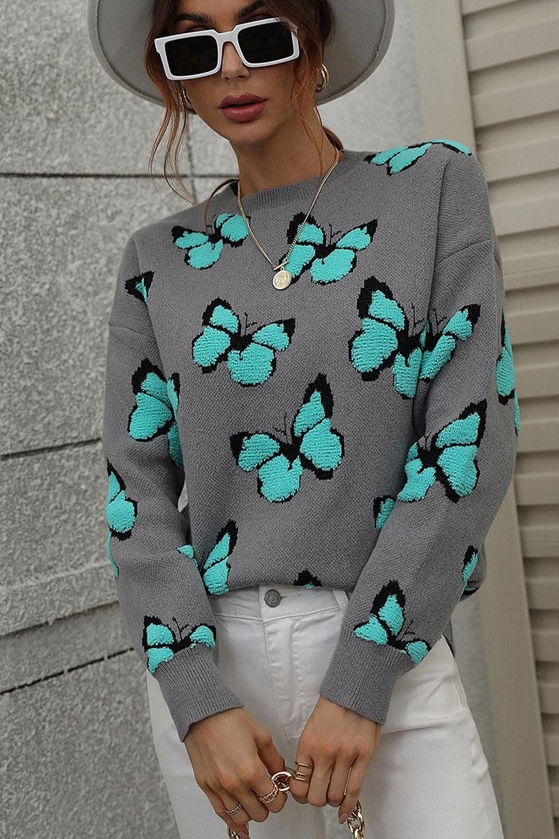 BUTTERFLY PRINTING LONG SLEEVE CASUAL SWEATER - Doublju