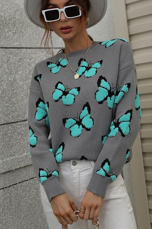 BUTTERFLY PRINTING LONG SLEEVE CASUAL SWEATER - Doublju
