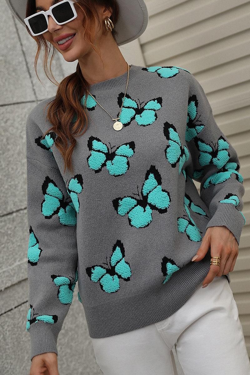 BUTTERFLY PRINTING LONG SLEEVE CASUAL SWEATER - Doublju