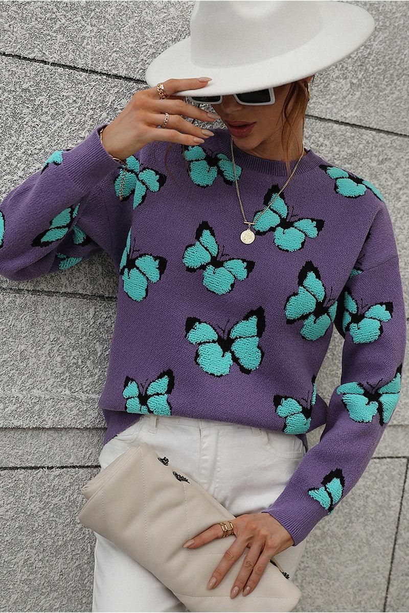 BUTTERFLY PRINTING LONG SLEEVE CASUAL SWEATER - Doublju