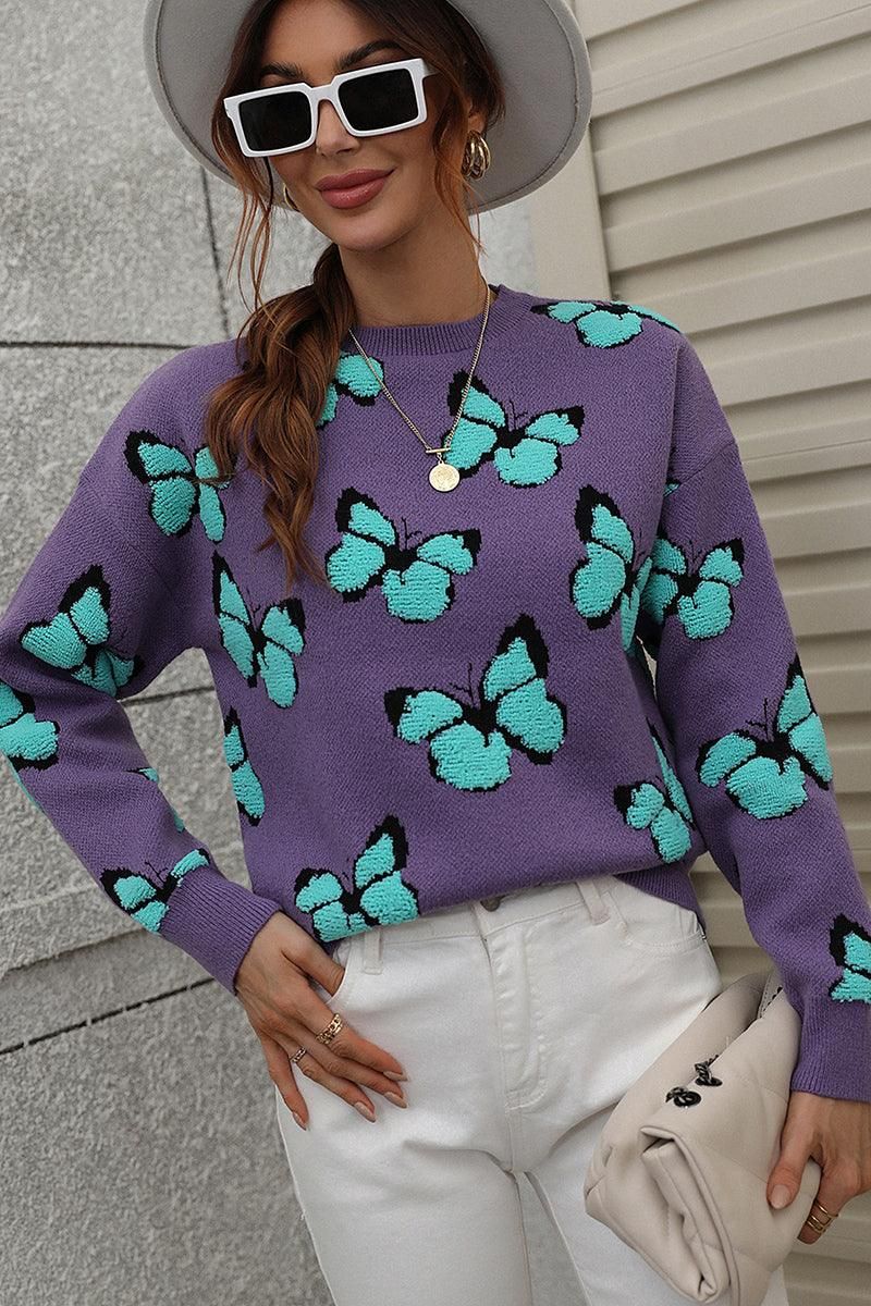 BUTTERFLY PRINTING LONG SLEEVE CASUAL SWEATER - Doublju