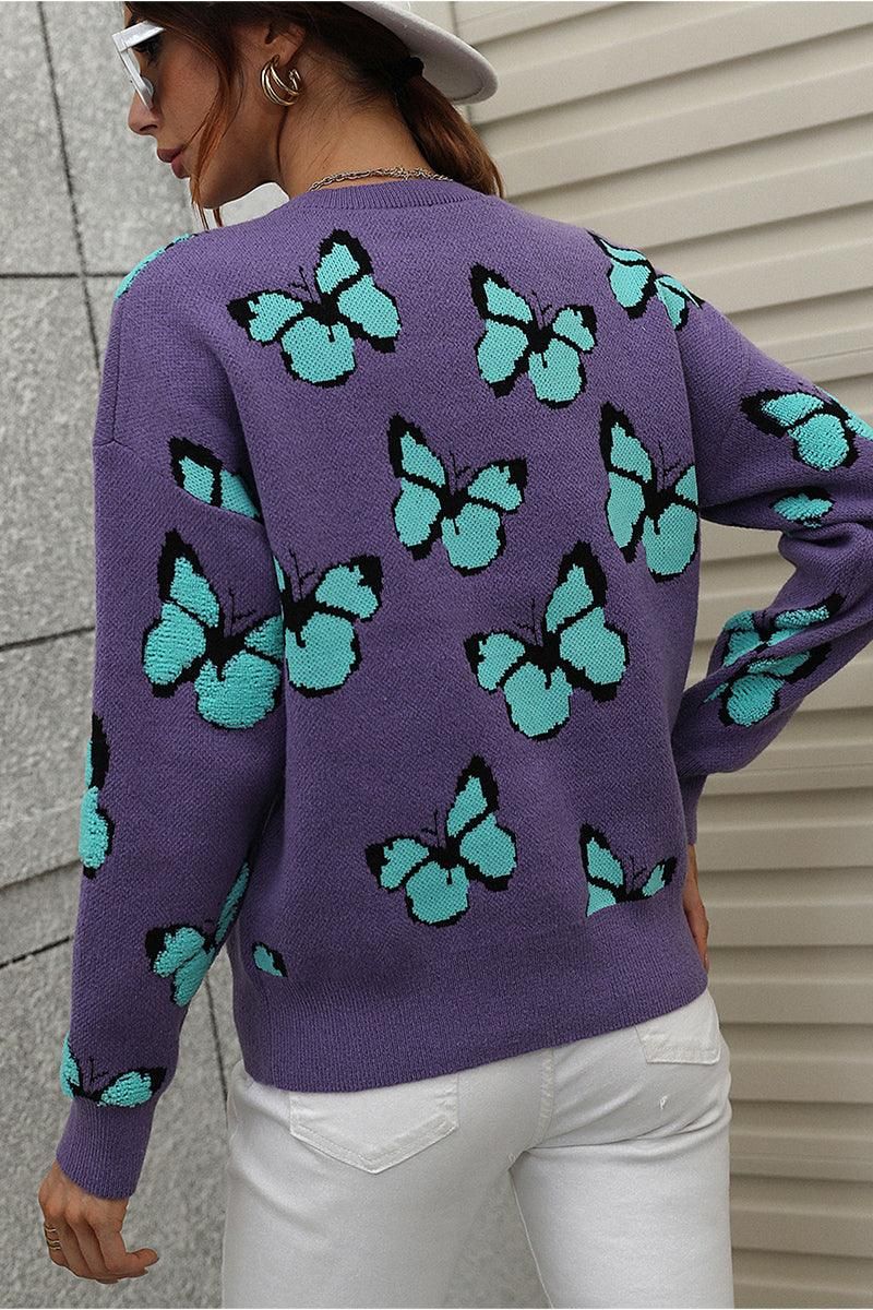 BUTTERFLY PRINTING LONG SLEEVE CASUAL SWEATER - Doublju