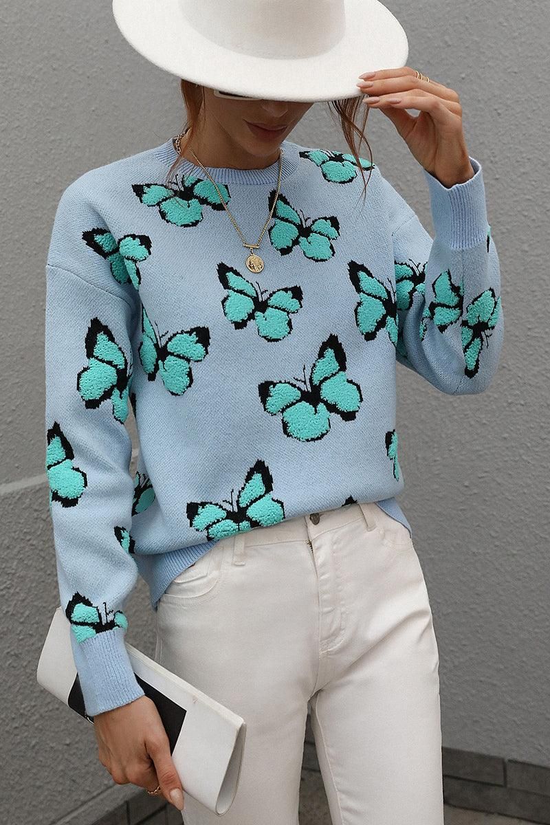 BUTTERFLY PRINTING LONG SLEEVE CASUAL SWEATER - Doublju