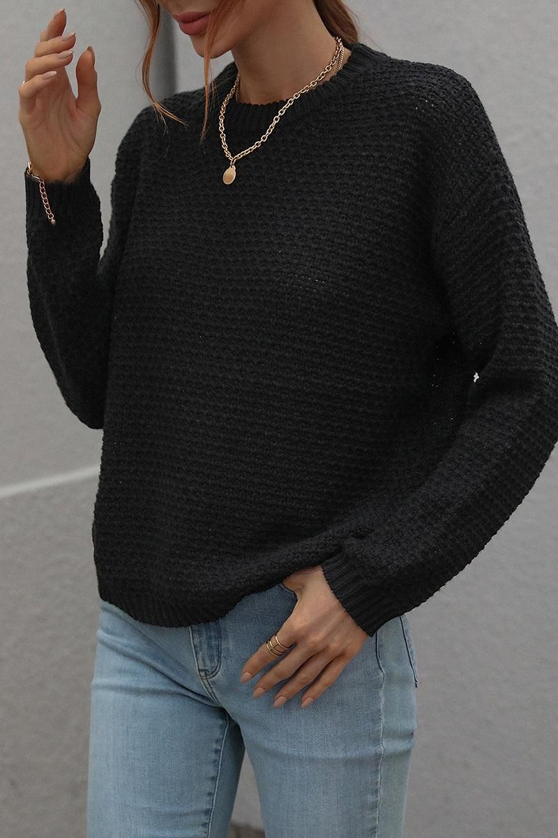 CREW NECK LONG SLEEVE BASIC SWEATER TOP - Doublju