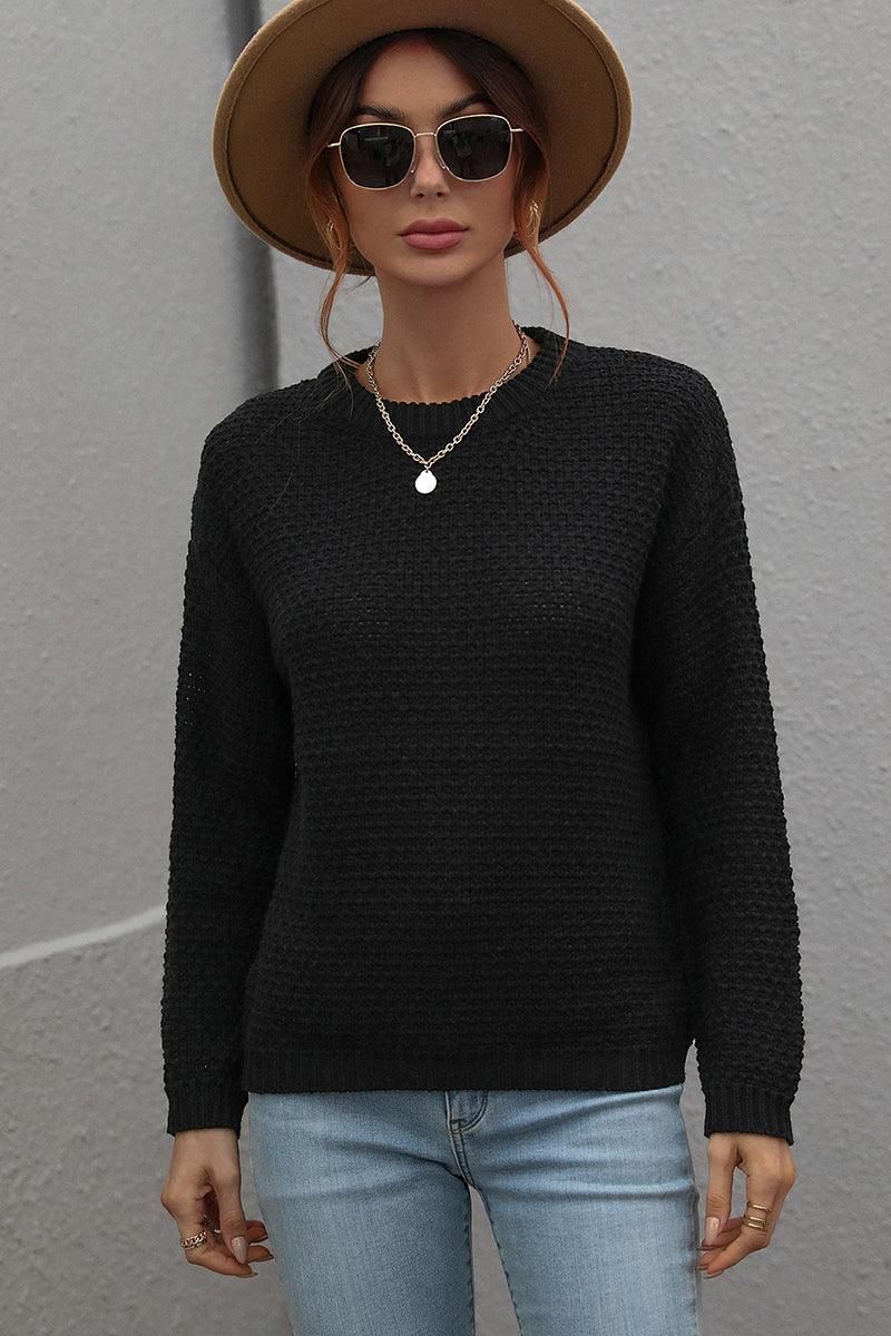 CREW NECK LONG SLEEVE BASIC SWEATER TOP - Doublju