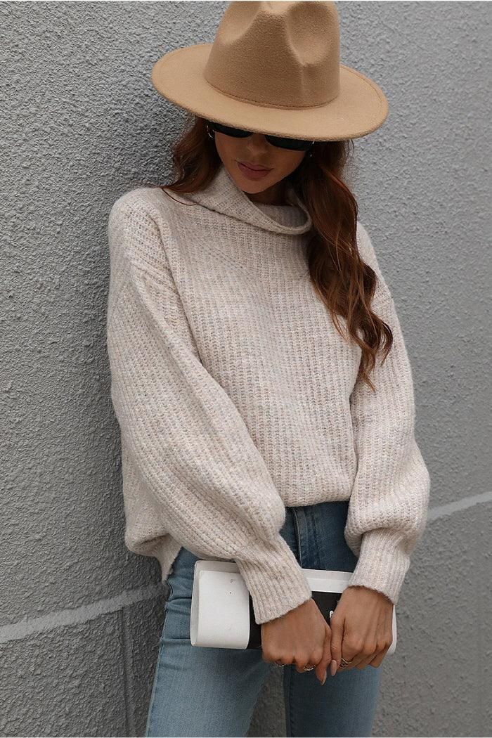 TURTLE NECK LOOSE SLEEVE KNIT SWEATER - Doublju