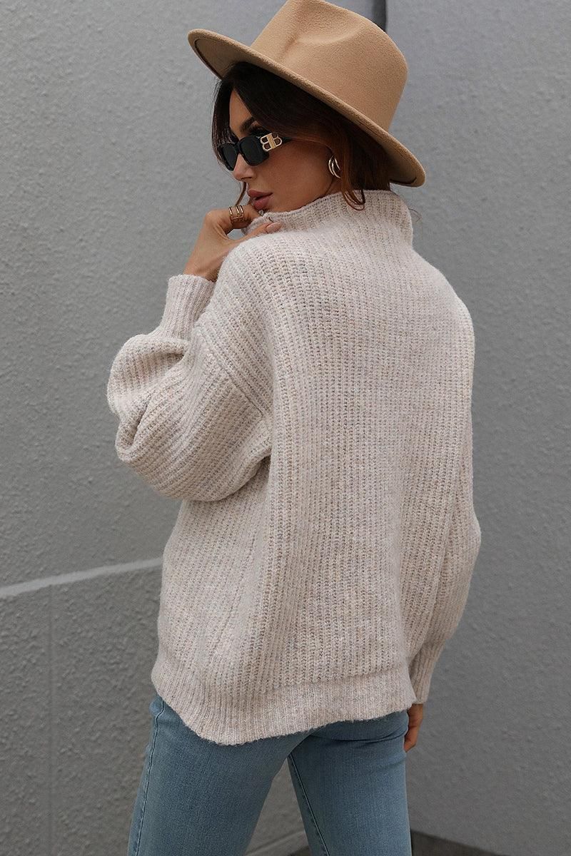 TURTLE NECK LOOSE SLEEVE KNIT SWEATER - Doublju