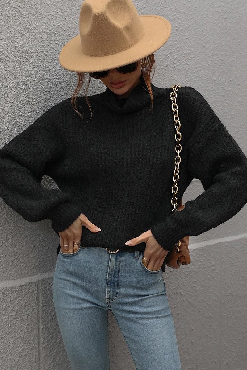 TURTLE NECK LOOSE SLEEVE KNIT SWEATER - Doublju