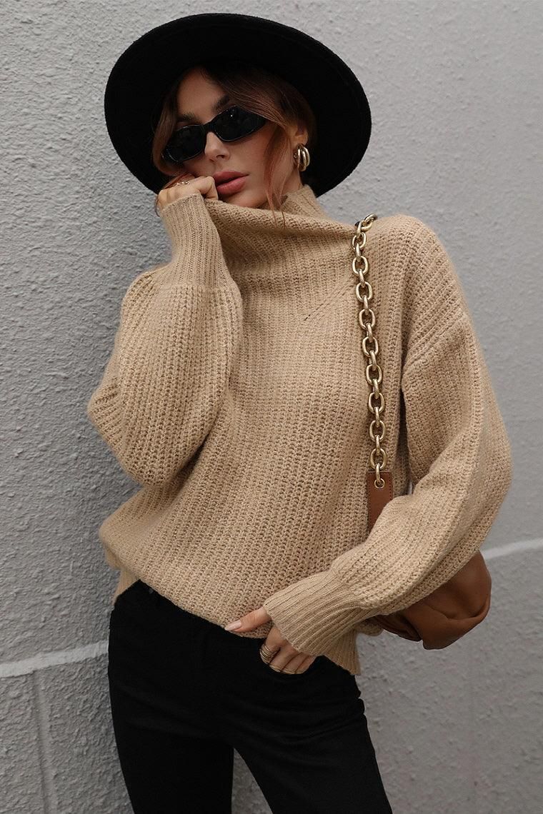 TURTLE NECK LOOSE SLEEVE KNIT SWEATER - Doublju