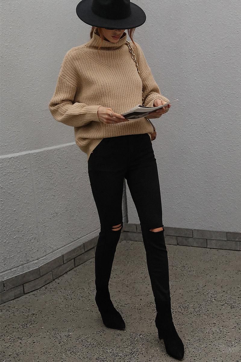 TURTLE NECK LOOSE SLEEVE KNIT SWEATER - Doublju