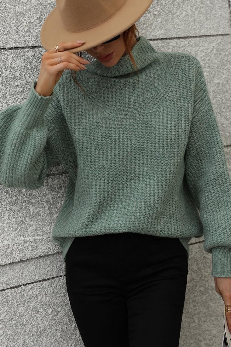 TURTLE NECK LOOSE SLEEVE KNIT SWEATER - Doublju