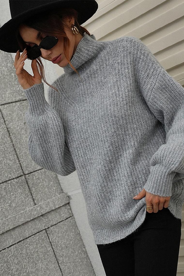 TURTLE NECK LOOSE SLEEVE KNIT SWEATER - Doublju