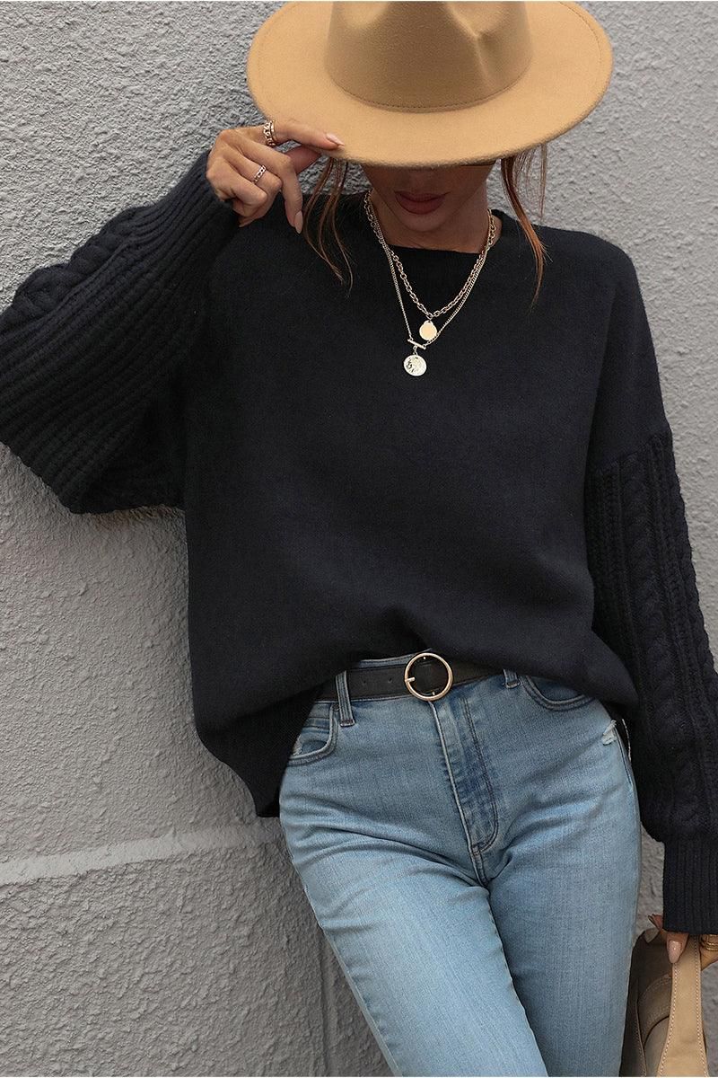 LOOSE FIT CABLE KNIT SLEEVE SWEATER TOP - Doublju