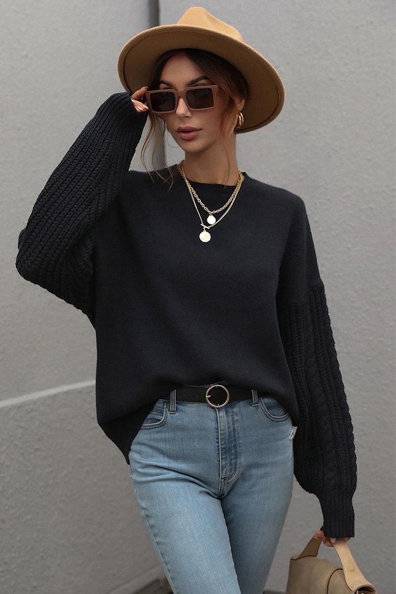 LOOSE FIT CABLE KNIT SLEEVE SWEATER TOP - Doublju